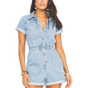 Cicy Bell Women's Short Sleeve Denim Rompers Cotton Utility Button Up Elastic Waist Short Jumpsuits