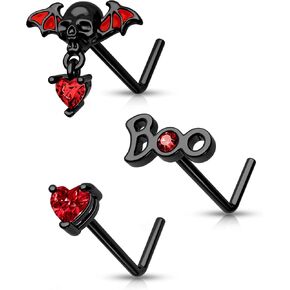 CM Crareesi Mania 3PCS Nose Studs Pack 316L Stainless Steel Black Nose Rings for Halloween 20G L-Shaped Nose Piercing Jewelry Dangle Nose Rings for Men Red CZ Skull Nose Ring in Saudi Arabia