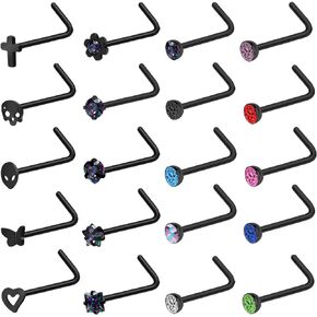 Pierstyles 20G Nose Ring Studs Stainless Steel L Shaped Nose Ring Black Corkscrew Nose Ring for Women Men CZ Screw Nose Stud Ring Set Black Skull Cross Nostril Piercings Jewelry