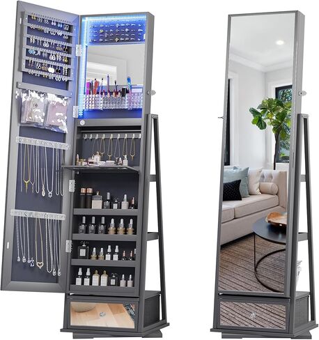 Lvifur 360° Rotating Jewelry Armoire, Full Length Mirror Large Capacity 3 Color Dimmable Jewelry Organizer Armoire, Lockable Floor Standing Mirror with Bottom Drawer for Bedroom, Cloakroom in Saudi Arabia
