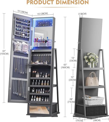 Lvifur 360° Rotating Jewelry Armoire, Full Length Mirror Large Capacity 3 Color Dimmable Jewelry Organizer Armoire, Lockable Floor Standing Mirror with Bottom Drawer for Bedroom, Cloakroom in Saudi Arabia