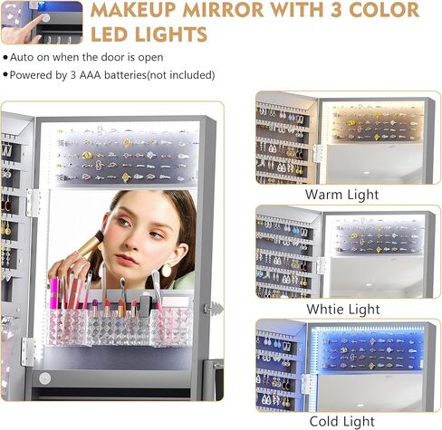 Lvifur 360° Rotating Jewelry Armoire, Full Length Mirror Large Capacity 3 Color Dimmable Jewelry Organizer Armoire, Lockable Floor Standing Mirror with Bottom Drawer for Bedroom, Cloakroom in Saudi Arabia