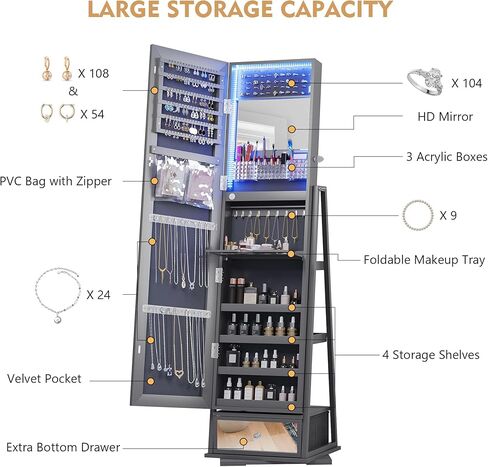 Lvifur 360° Rotating Jewelry Armoire, Full Length Mirror Large Capacity 3 Color Dimmable Jewelry Organizer Armoire, Lockable Floor Standing Mirror with Bottom Drawer for Bedroom, Cloakroom in Saudi Arabia