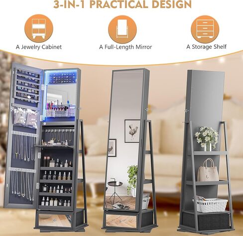 Lvifur 360° Rotating Jewelry Armoire, Full Length Mirror Large Capacity 3 Color Dimmable Jewelry Organizer Armoire, Lockable Floor Standing Mirror with Bottom Drawer for Bedroom, Cloakroom in Saudi Arabia