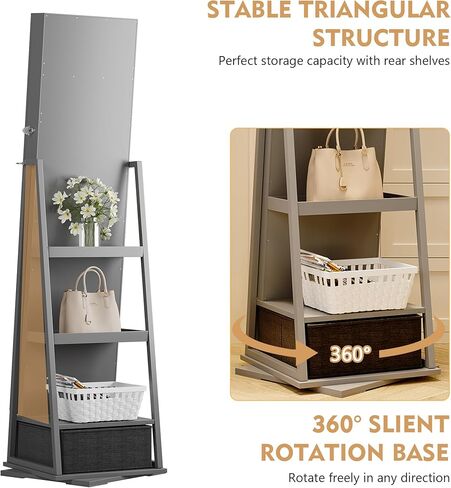 Lvifur 360° Rotating Jewelry Armoire, Full Length Mirror Large Capacity 3 Color Dimmable Jewelry Organizer Armoire, Lockable Floor Standing Mirror with Bottom Drawer for Bedroom, Cloakroom in Saudi Arabia