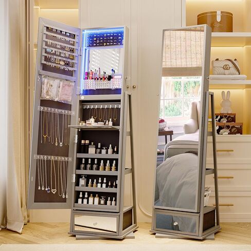 Lvifur 360° Rotating Jewelry Armoire, Full Length Mirror Large Capacity 3 Color Dimmable Jewelry Organizer Armoire, Lockable Floor Standing Mirror with Bottom Drawer for Bedroom, Cloakroom in Saudi Arabia