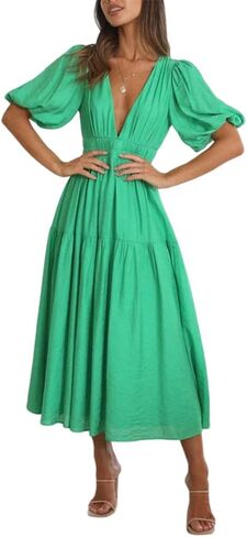HOULENGS Women's Deep V Neck Puff Short Sleeve Tiered Dress Elastic High Waist Flowy A Line Midi Dresses in Kuwait