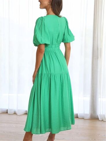 HOULENGS Women's Deep V Neck Puff Short Sleeve Tiered Dress Elastic High Waist Flowy A Line Midi Dresses in Kuwait