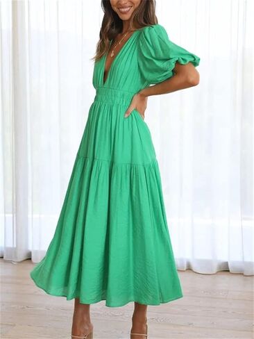 HOULENGS Women's Deep V Neck Puff Short Sleeve Tiered Dress Elastic High Waist Flowy A Line Midi Dresses in Kuwait