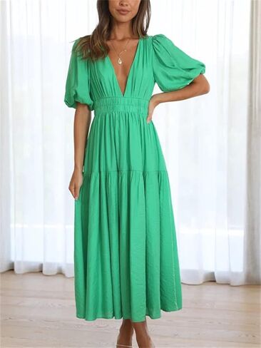 HOULENGS Women's Deep V Neck Puff Short Sleeve Tiered Dress Elastic High Waist Flowy A Line Midi Dresses in Kuwait