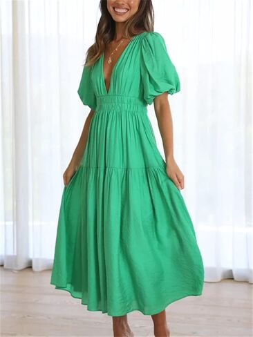 HOULENGS Women's Deep V Neck Puff Short Sleeve Tiered Dress Elastic High Waist Flowy A Line Midi Dresses in Kuwait