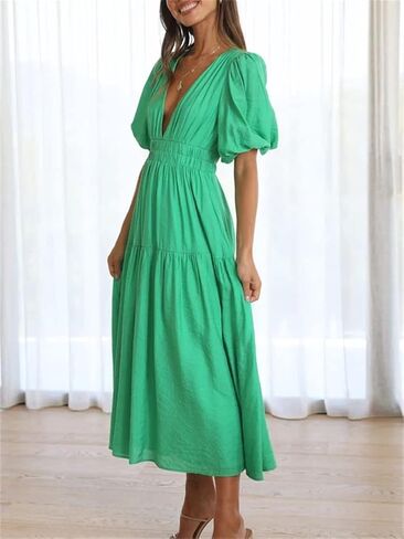 HOULENGS Women's Deep V Neck Puff Short Sleeve Tiered Dress Elastic High Waist Flowy A Line Midi Dresses in Kuwait