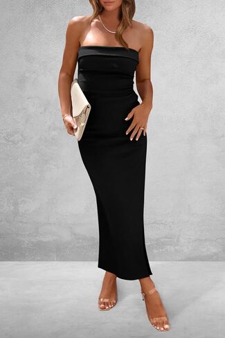PRETTYGARDEN Women's Summer Bodycon Maxi Tube Dress Ribbed Strapless Side Slit Long Going Out Casual Elegant Party Dresses in Saudi Arabia