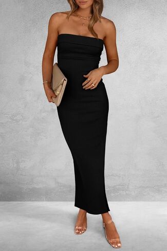 PRETTYGARDEN Women's Summer Bodycon Maxi Tube Dress Ribbed Strapless Side Slit Long Going Out Casual Elegant Party Dresses in Saudi Arabia