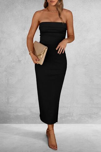 PRETTYGARDEN Women's Summer Bodycon Maxi Tube Dress Ribbed Strapless Side Slit Long Going Out Casual Elegant Party Dresses in Saudi Arabia