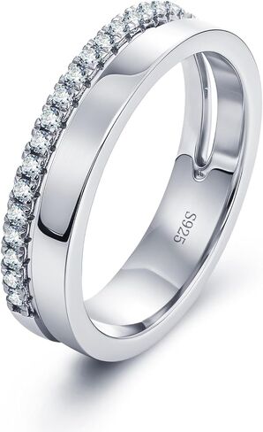 خاتم زفاف ONKAZO مويسانيتي بصفين من حلقات نصف الخلود للنساء حلقات التراص المزدوجة 18 قيراط مطلية بالذهب الأبيض 925 من الفضة الاسترليني حلقة معززة مزدوجة in Kuwait