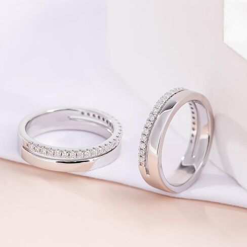 خاتم زفاف ONKAZO مويسانيتي بصفين من حلقات نصف الخلود للنساء حلقات التراص المزدوجة 18 قيراط مطلية بالذهب الأبيض 925 من الفضة الاسترليني حلقة معززة مزدوجة in Kuwait