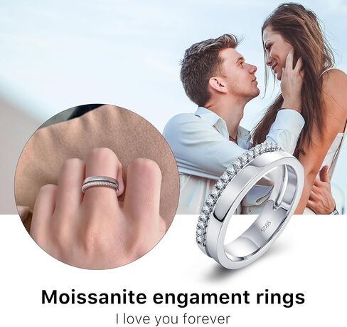 خاتم زفاف ONKAZO مويسانيتي بصفين من حلقات نصف الخلود للنساء حلقات التراص المزدوجة 18 قيراط مطلية بالذهب الأبيض 925 من الفضة الاسترليني حلقة معززة مزدوجة in Kuwait