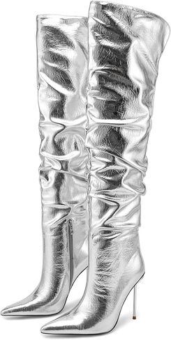buxiangtia Women Over Knee High Boots Metal Heel Pointed Toe Sexy Thigh High Boot Black Silver Long Boots in Saudi Arabia