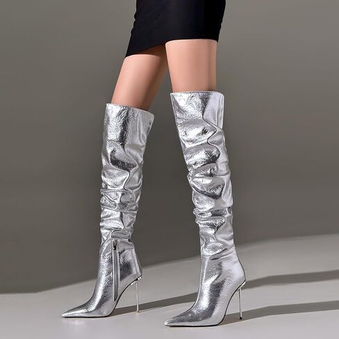 buxiangtia Women Over Knee High Boots Metal Heel Pointed Toe Sexy Thigh High Boot Black Silver Long Boots in Saudi Arabia