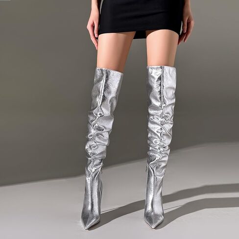 buxiangtia Women Over Knee High Boots Metal Heel Pointed Toe Sexy Thigh High Boot Black Silver Long Boots in Saudi Arabia