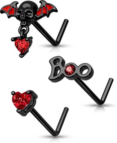 CM Crareesi Mania 3PCS Nose Studs Pack 316L Stainless Steel Black Nose Rings for Halloween 20G L-Shaped Nose Piercing Jewelry Dangle Nose Rings for Men Red CZ Skull Nose Ring, Metal, cubic zirconia in Saudi Arabia