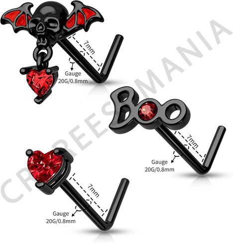 CM Crareesi Mania 3PCS Nose Studs Pack 316L Stainless Steel Black Nose Rings for Halloween 20G L-Shaped Nose Piercing Jewelry Dangle Nose Rings for Men Red CZ Skull Nose Ring, Metal, cubic zirconia in Saudi Arabia