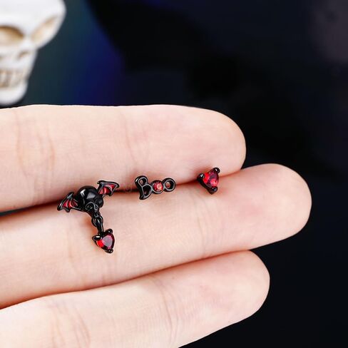 CM Crareesi Mania 3PCS Nose Studs Pack 316L Stainless Steel Black Nose Rings for Halloween 20G L-Shaped Nose Piercing Jewelry Dangle Nose Rings for Men Red CZ Skull Nose Ring, Metal, cubic zirconia in Saudi Arabia