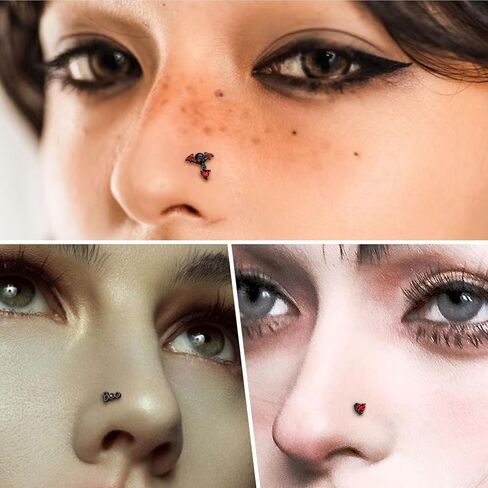 CM Crareesi Mania 3PCS Nose Studs Pack 316L Stainless Steel Black Nose Rings for Halloween 20G L-Shaped Nose Piercing Jewelry Dangle Nose Rings for Men Red CZ Skull Nose Ring, Metal, cubic zirconia in Saudi Arabia