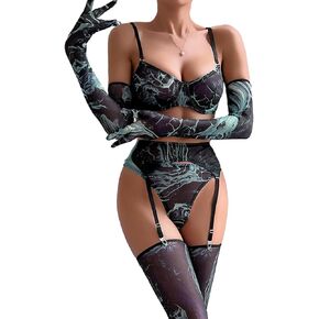 Marsquake Galactic Allure: Women Starry Sexy Lingerie Set with Gloves, Thigh Highs, Bra, Panties, Garter Belt-5 Piece (S-XL) in Saudi Arabia