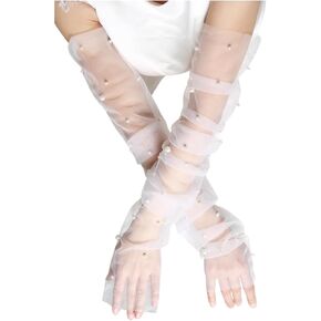 Eiaork Long Wedding Tulle Gloves White Pearl Bridal Gloves Elbow Length Summer Fingerless Gloves for Women and Girls in Kuwait