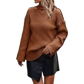 KIRUNDO Women's 2024 Fall Mock Neck Long Sleeve Ribbed Knit Contrast Stitching Oversized Chunky Sweater Pullover Top