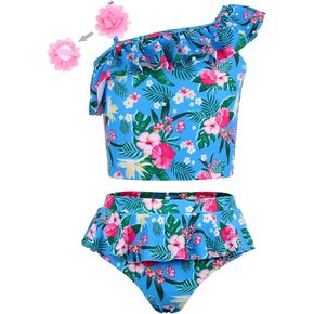 MODAFANS Girls' Floral Ruffle Flounce Swimsuit One Shoulder Tankini Beach Sport 2-Piece Swimwear with Flower Clips in Kuwait