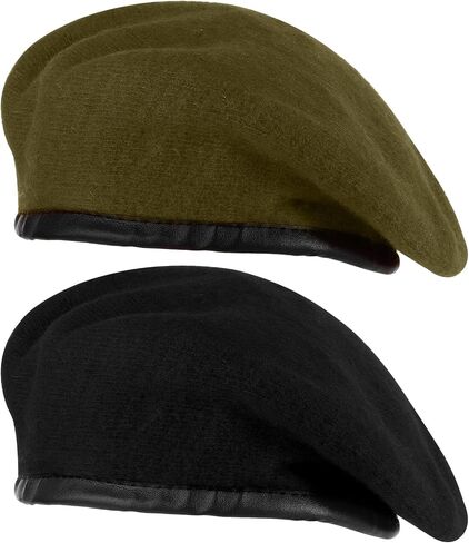 Zhehao 2 Pcs Adjustable Wool Berets Solid Color Military Army Style Berets Beret Hats for Men and Women with Faux Leather Trim (Green, Black) in Saudi Arabia