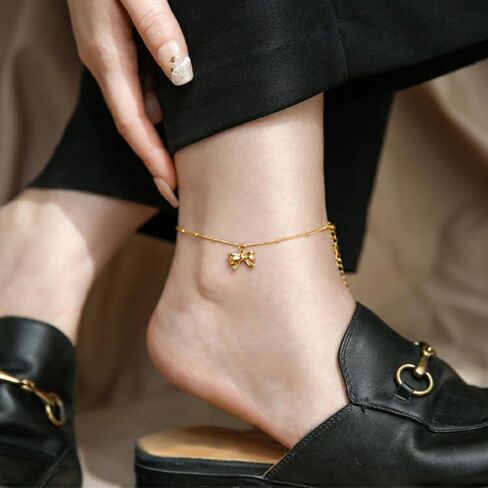 سوار كاحل بفيونكة ذهبية من Canboer، خلخال بسلسلة ذهبية أنيقة قابل للتعديل، مجوهرات للقدم على الشاطئ للنساء والفتيات in Kuwait
