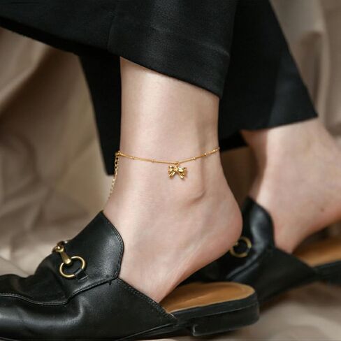 سوار كاحل بفيونكة ذهبية من Canboer، خلخال بسلسلة ذهبية أنيقة قابل للتعديل، مجوهرات للقدم على الشاطئ للنساء والفتيات in Kuwait