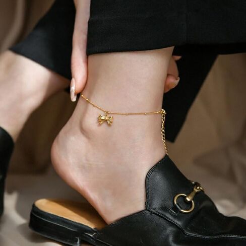 سوار كاحل بفيونكة ذهبية من Canboer، خلخال بسلسلة ذهبية أنيقة قابل للتعديل، مجوهرات للقدم على الشاطئ للنساء والفتيات in Kuwait