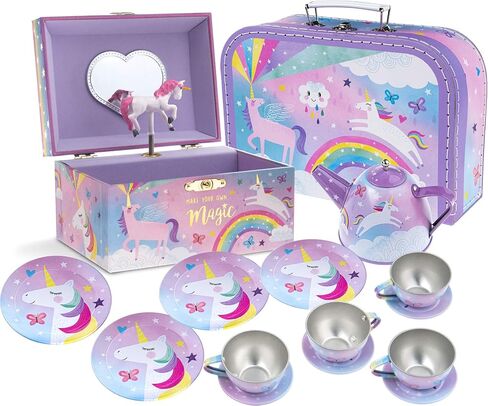 مجموعة هدايا Jewelkeeper Cotton Candy Unicorn - صندوق مجوهرات موسيقي ومجموعة شاي تظاهرية - هدايا يونيكورن للفتيات in Kuwait
