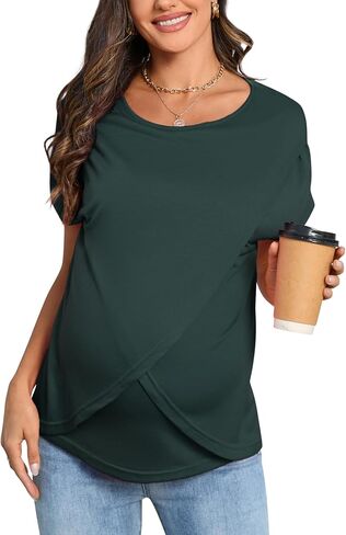 FUNJULY Maternity Tops Women's Cap Short Sleeve Knit Round Neck Pregnancy Split Front Nursing Shirts in Saudi Arabia