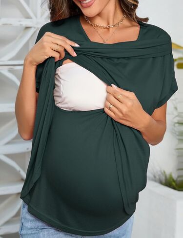 FUNJULY Maternity Tops Women's Cap Short Sleeve Knit Round Neck Pregnancy Split Front Nursing Shirts in Saudi Arabia