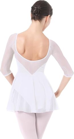 IBAKOM Ballet Leotards Dress for Women 3/4 Mesh Sleeve V Neck Scoop Back Gymnastics Leotard Plus Size Ballerina Dance Leotard in Saudi Arabia