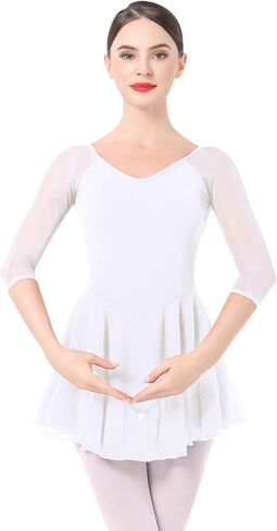 IBAKOM Ballet Leotards Dress for Women 3/4 Mesh Sleeve V Neck Scoop Back Gymnastics Leotard Plus Size Ballerina Dance Leotard in Saudi Arabia