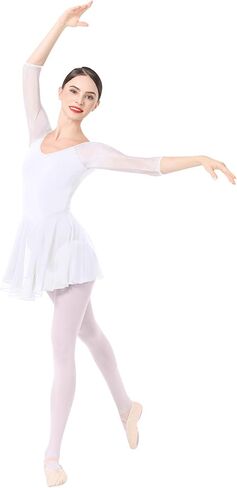 IBAKOM Ballet Leotards Dress for Women 3/4 Mesh Sleeve V Neck Scoop Back Gymnastics Leotard Plus Size Ballerina Dance Leotard in Saudi Arabia