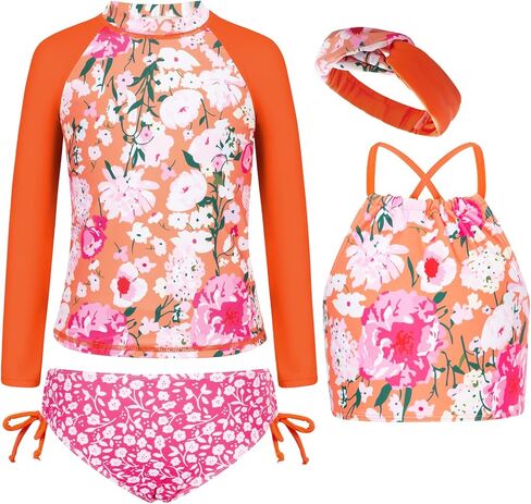 GRACE KARIN ملابس سباحة للفتيات Tankini Rash Guard كم طويل 4 قطع ثوب سباحة 5-12 سنة in Saudi Arabia