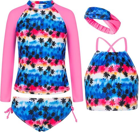 GRACE KARIN ملابس سباحة للفتيات Tankini Rash Guard كم طويل 4 قطع ثوب سباحة 5-12 سنة in Saudi Arabia