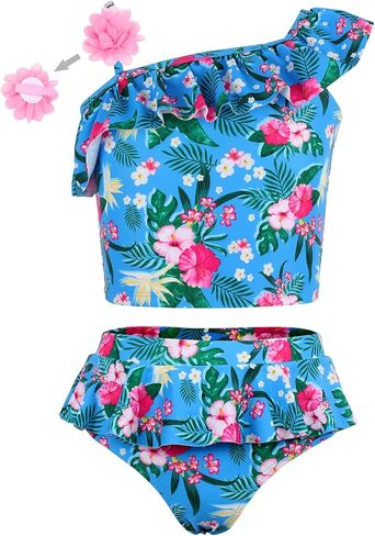 بدلة سباحة MODAFANS للفتيات مكشكشة مزهّرة بكتف واحد تانكيني للشاطئ الرياضي مكونة من قطعتين مع مشابك زهور in Kuwait