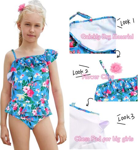 بدلة سباحة MODAFANS للفتيات مكشكشة مزهّرة بكتف واحد تانكيني للشاطئ الرياضي مكونة من قطعتين مع مشابك زهور in Kuwait