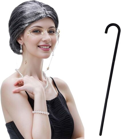 زي السيدة العجوز من جويزومو للأطفال والنساء، شعر مستعار للجدة والأطفال، شعر مستعار للسيدة العجوز ونظارات، شعر مستعار للجدة وكبار السن، عصا المشي، قلادة من اللؤلؤ الصناعي، زي الجدة لمدة 100 يوم من الحفلات التنكرية المدرسية in Saudi Arabia