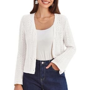 GRACE KARIN Womens Cropped Cardigan Lightweight Crochet Open Front Shrug Sweater Hollow Out V Neck Button Up Bolero Knit Top