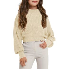 Haloumoning Girls Knit Pullover Sweaters Mock Neck Long Lantern Sleeve Jumper Tops 5-14 Years